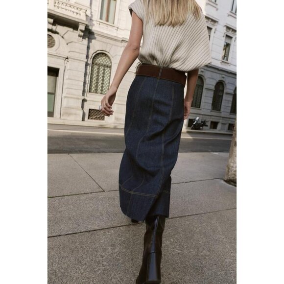 ZARA Z1975 BELTED DENIM MIDI WRAP SKIRT - Picture 6 of 9